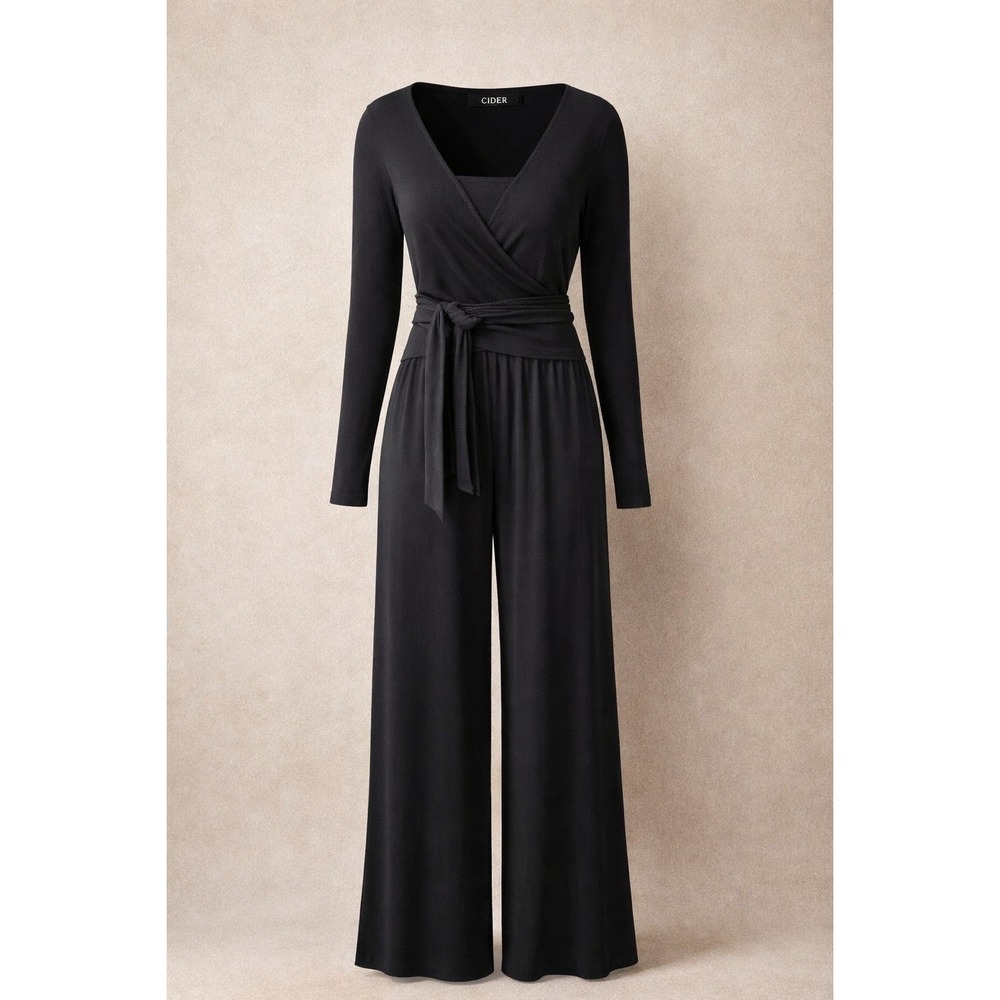 CIDER Ribbed Wrap Jumpsuit Womens 1X Black Long Sleeve Wide Leg Stretch NWT